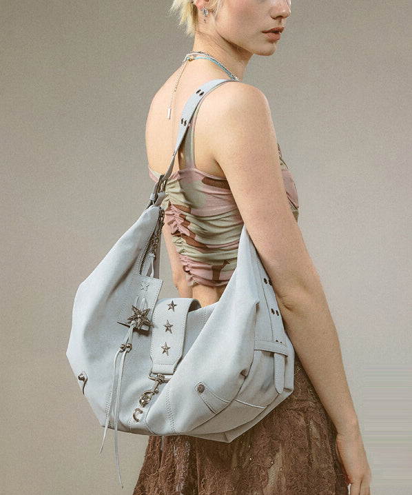 Stylish Light Blue Rivet Solid Durable Faux Leather Saddle Bag