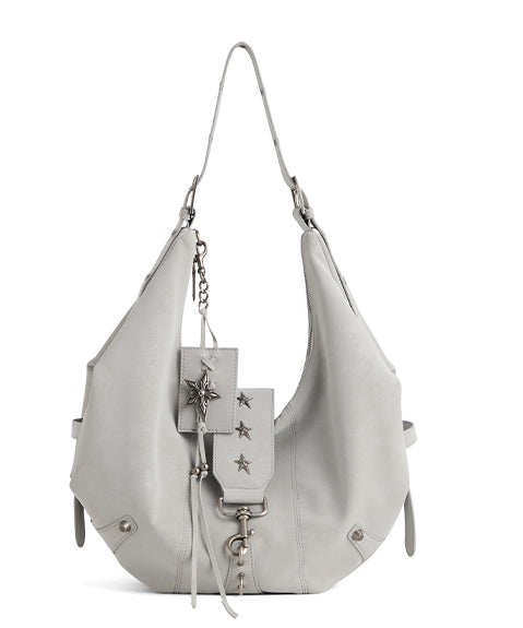 Stylish Light Blue Rivet Solid Durable Faux Leather Saddle Bag