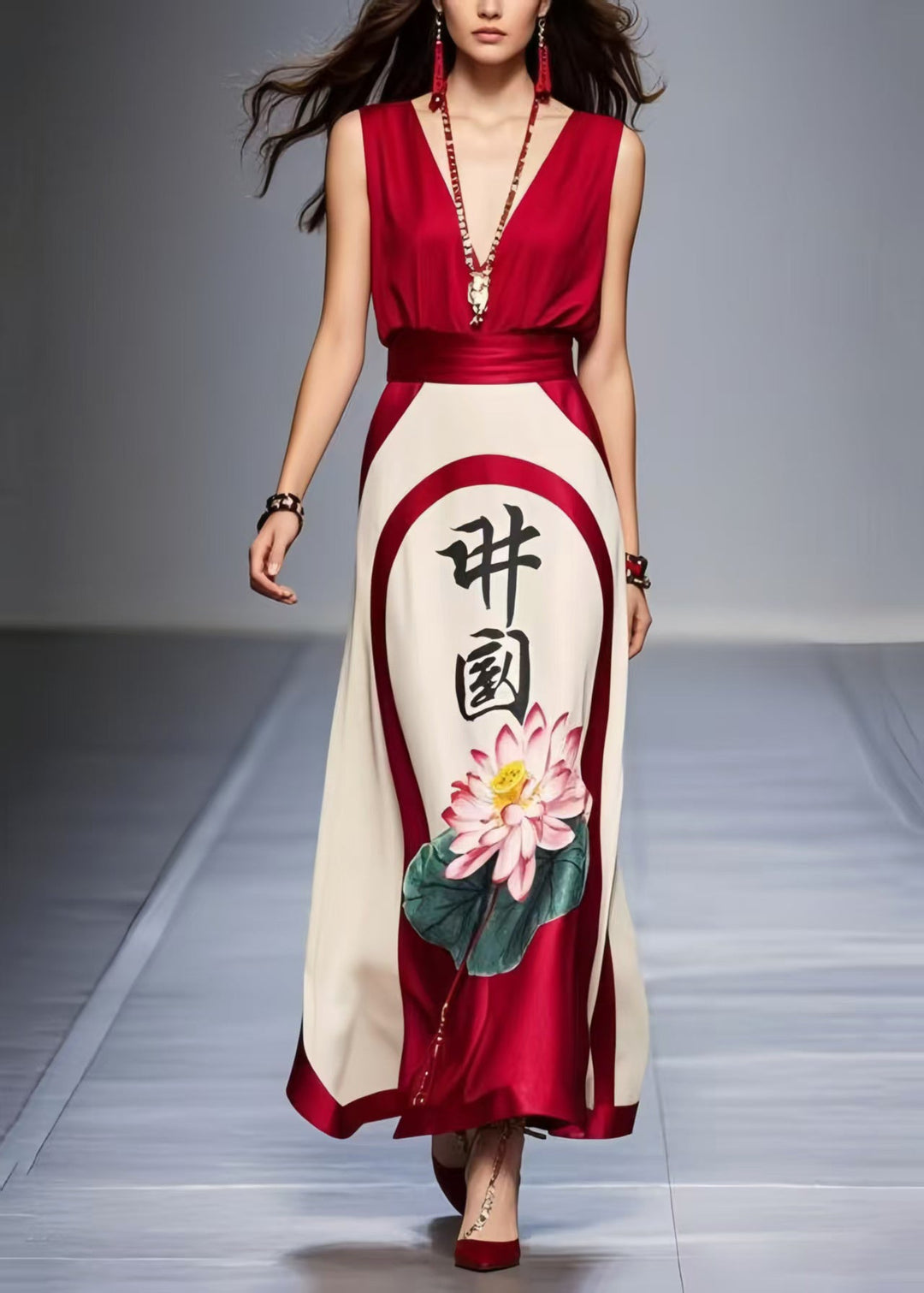 Stylish Mulberry Cinched Print Silk Dresses Sleeveless