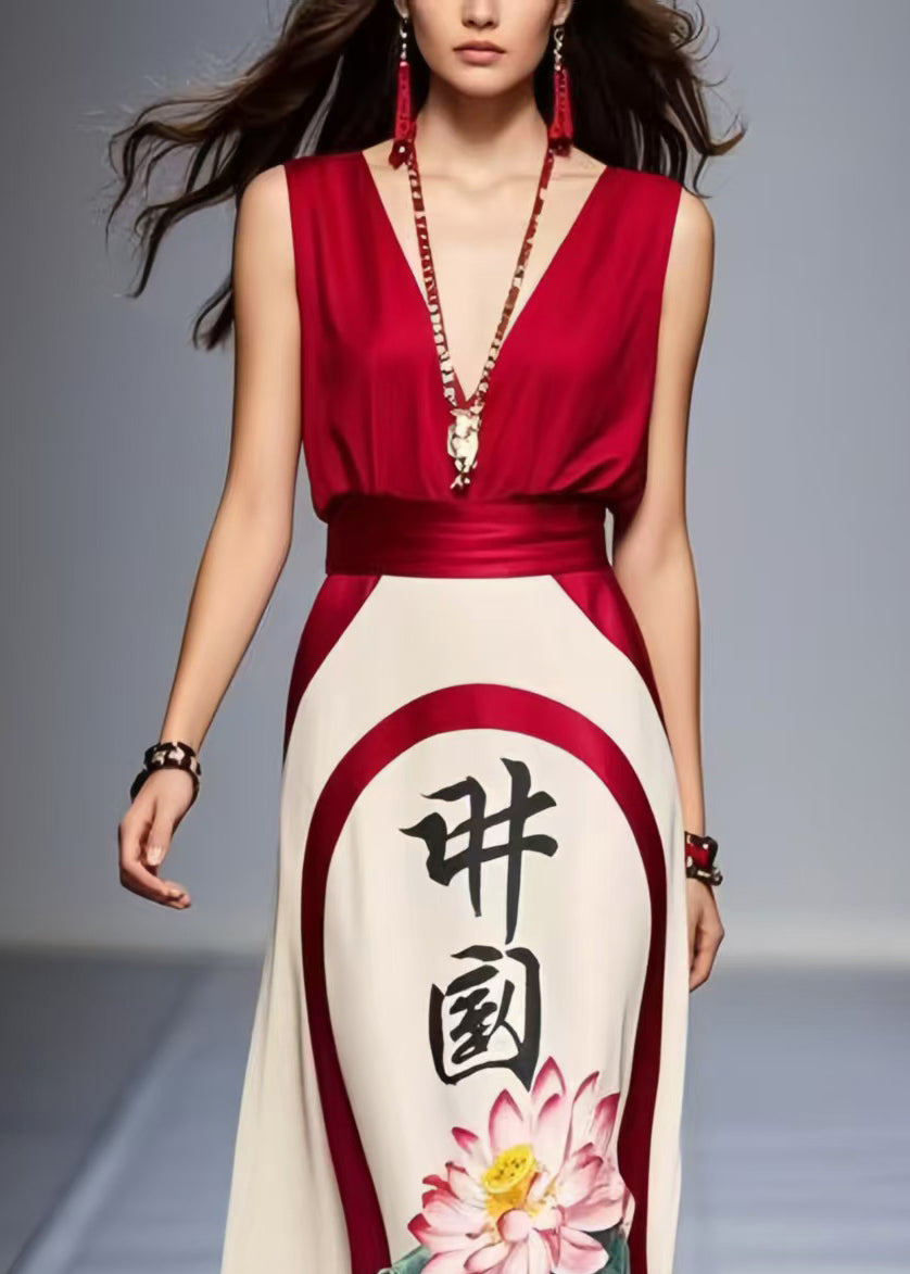 Stylish Mulberry Cinched Print Silk Dresses Sleeveless