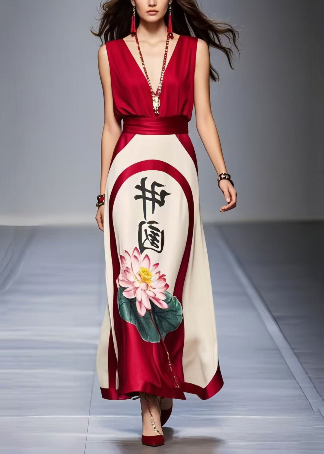 Stylish Mulberry Cinched Print Silk Dresses Sleeveless