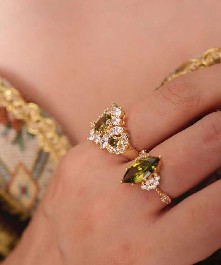 Stylish Olive Green Copper Alloy Zircon Gem Stone Open Rings Two-Piece Set