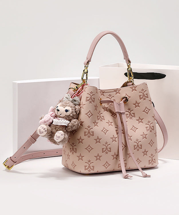 Stylish Pink Calf Leather Embossed Bucket Bag