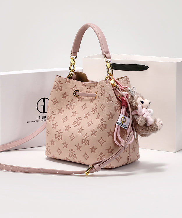 Stylish Pink Calf Leather Embossed Bucket Bag