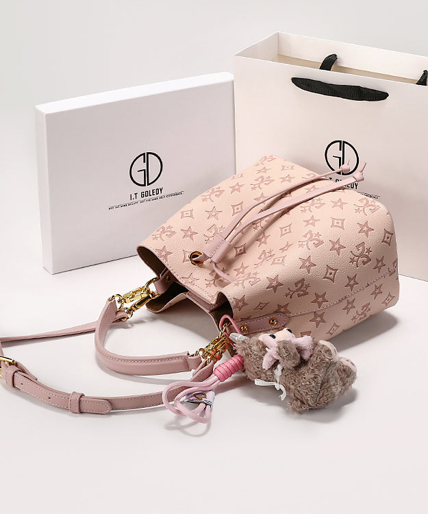 Stylish Pink Calf Leather Embossed Bucket Bag