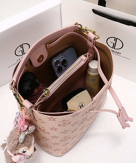 Stylish Pink Calf Leather Embossed Bucket Bag