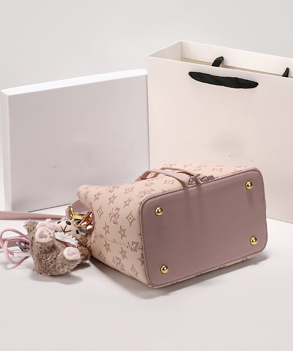 Stylish Pink Calf Leather Embossed Bucket Bag