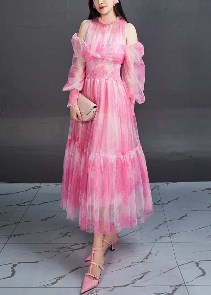 Pink A-line Off-the-shoulder Tulle Ruffle Homecoming Dress