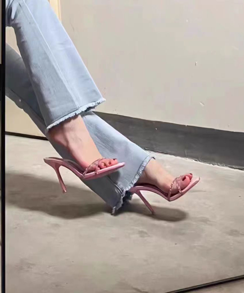 Stylish Pink Zircon Splicing Stiletto Slide Sandals Peep Toe