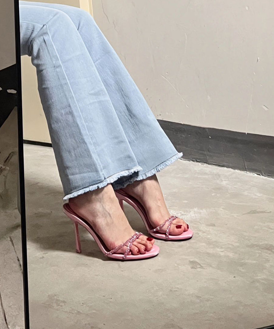 Stylish Pink Zircon Splicing Stiletto Slide Sandals Peep Toe