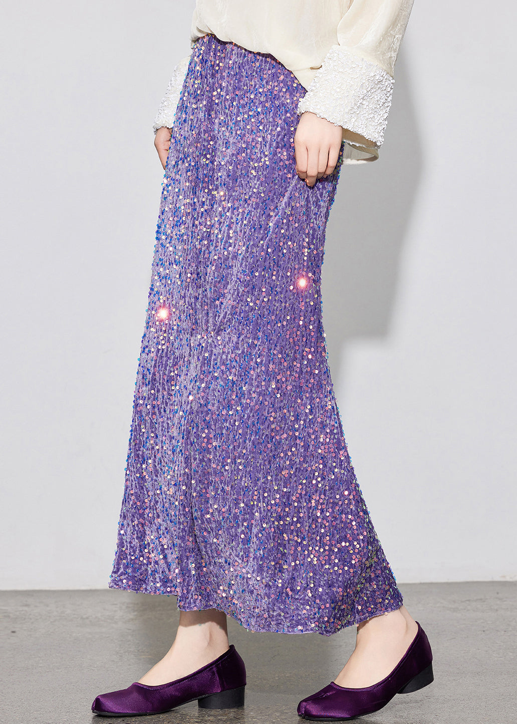 Stylish Purple Sequins Elastic Waist Silk Velvet Skirt Spring