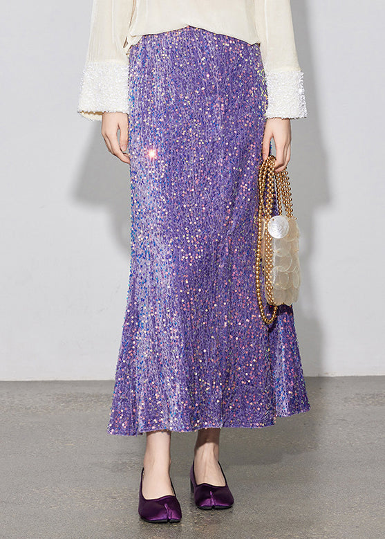 Stylish Purple Sequins Elastic Waist Silk Velvet Skirt Spring