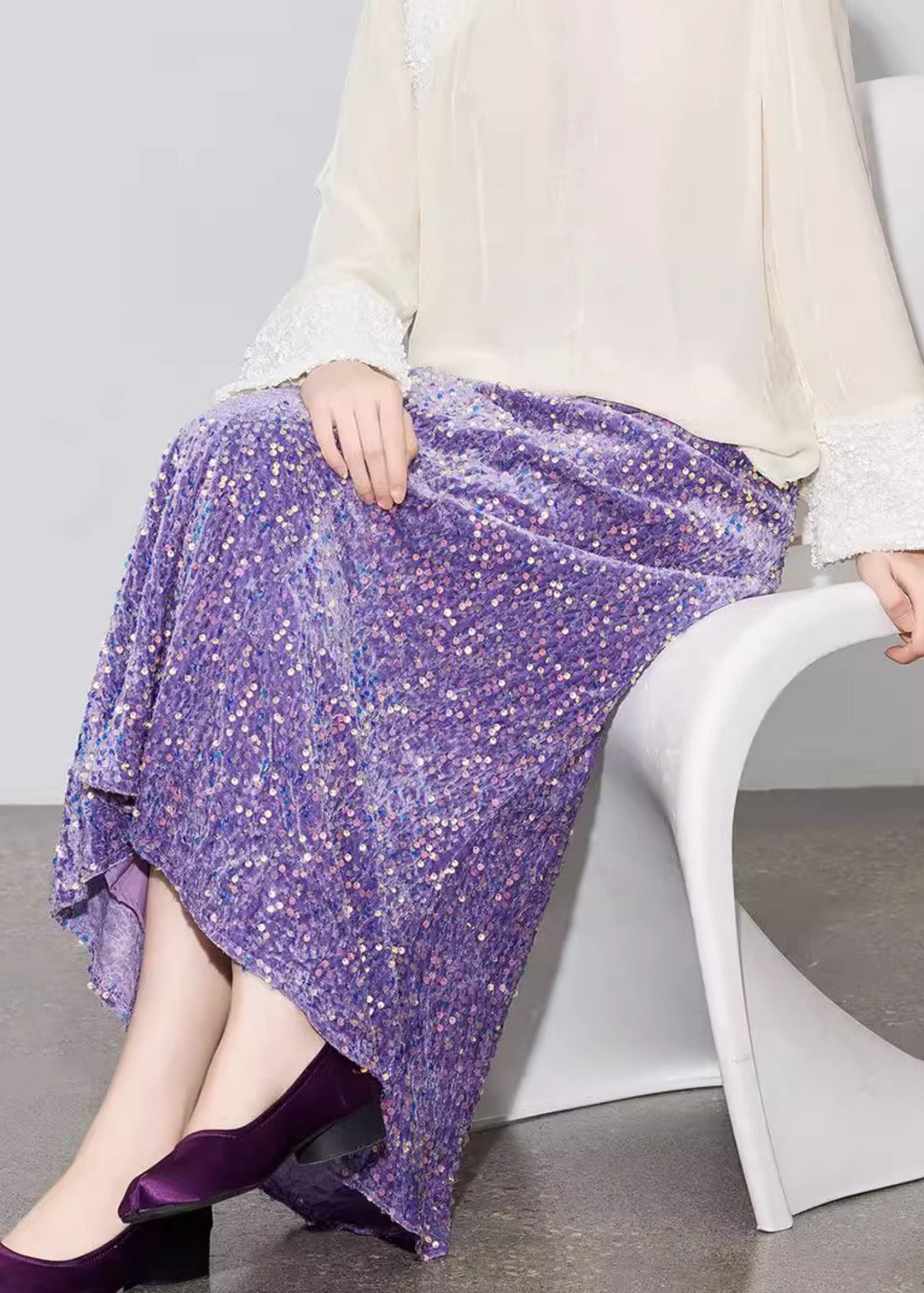 Stylish Purple Sequins Elastic Waist Silk Velvet Skirt Spring