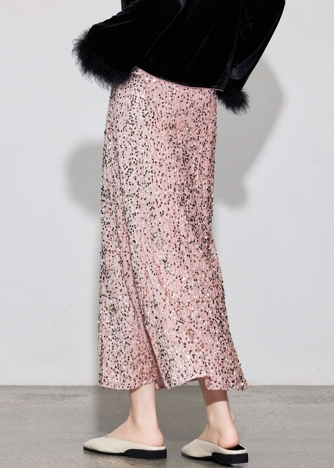 Stylish Purple Sequins Elastic Waist Silk Velvet Skirt Spring