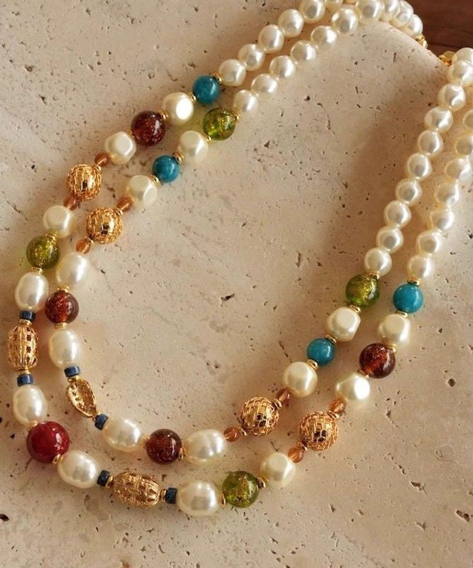 Stylish Rainbow Sterling Silver Overgild Pearl Beading Double-Layer Gratuated Bead Necklace