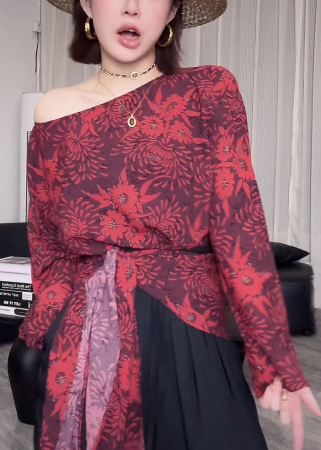 Stylish Red Asymmetrical Print Tie Waist Cotton Shirts Fall