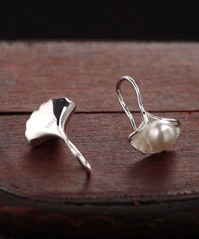 Stylish Silk Sterling Silver Ginkgo Leaves Pearl Stud Earrings
