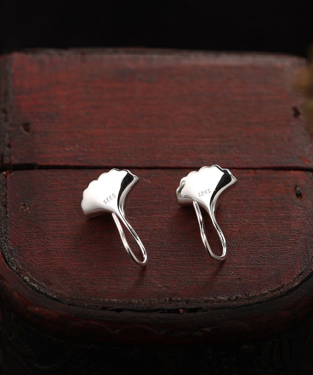 Stylish Silk Sterling Silver Ginkgo Leaves Pearl Stud Earrings