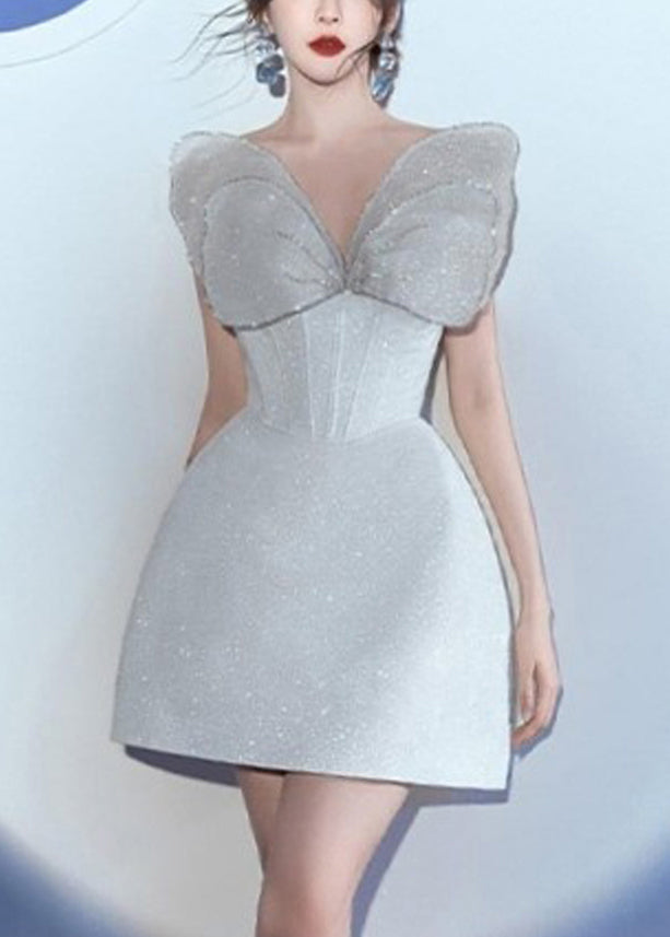 Stylish Silver Butterfly Sequins Tulle Patchwork Mid Dress Sleeveless
