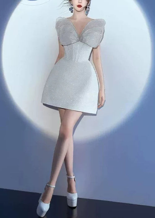 Stylish Silver Butterfly Sequins Tulle Patchwork Mid Dress Sleeveless