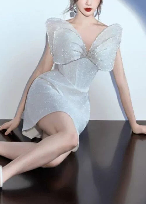 Stylish Silver Butterfly Sequins Tulle Patchwork Mid Dress Sleeveless