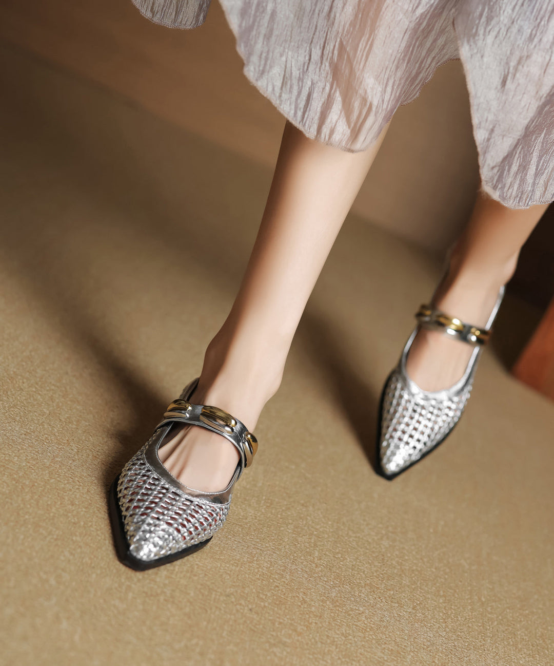 Stylish Splicing Flat Shoes Silver Cowhide Leather Hollow Out