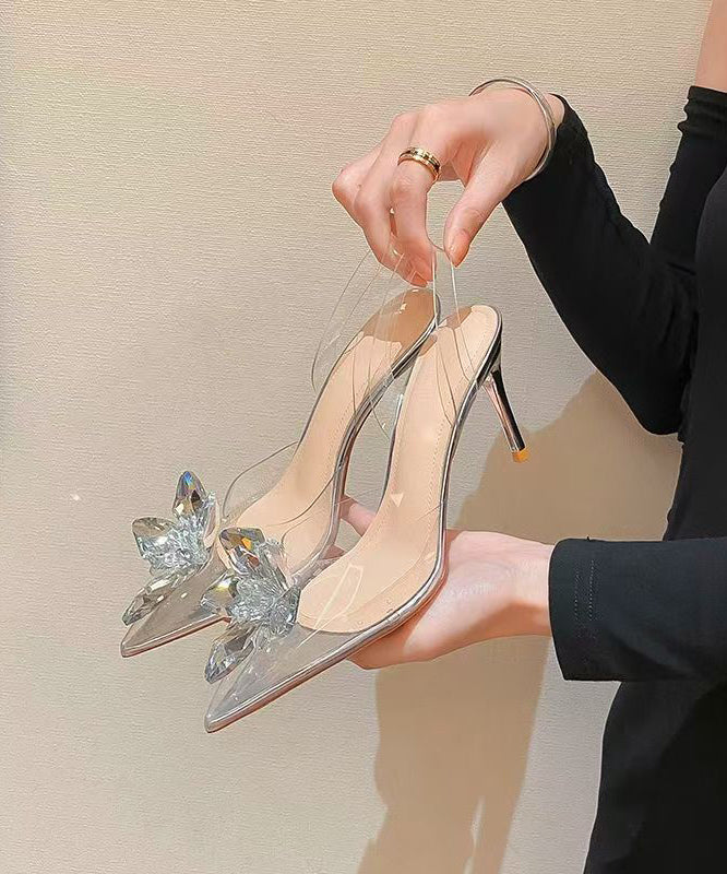 Stylish Splicing Stiletto Sandals Silver Pointed Toe Crystal Floral