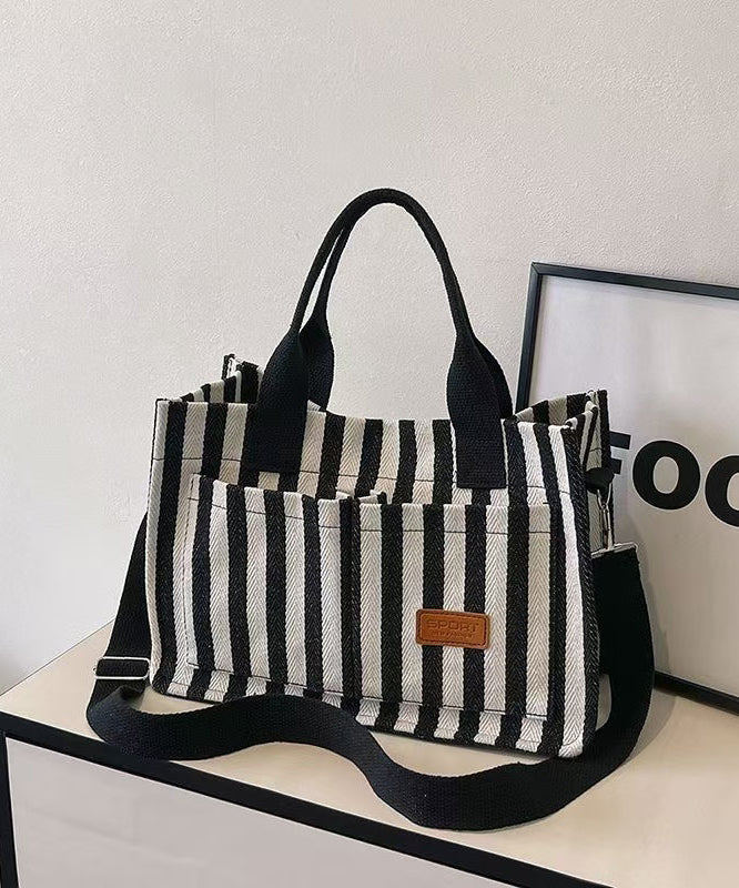 Stylish Striped With Pockets Solid Durable Canvas Tote Handbag
