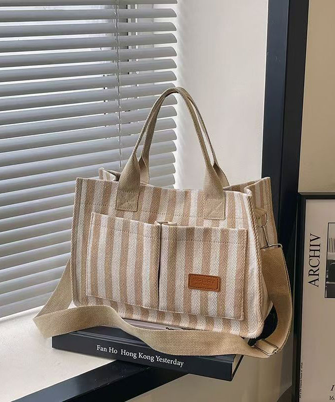 Stylish Striped With Pockets Solid Durable Canvas Tote Handbag