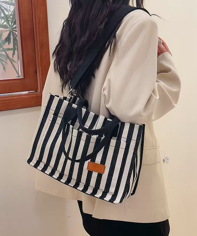 Stylish Striped With Pockets Solid Durable Canvas Tote Handbag