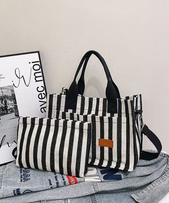 Stylish Striped With Pockets Solid Durable Canvas Tote Handbag