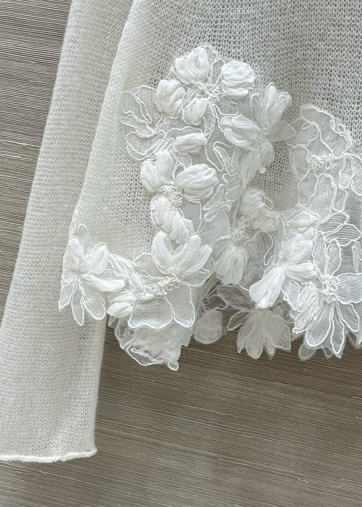 Stylish White O-Neck Floral Knit Shirt Tops Fall