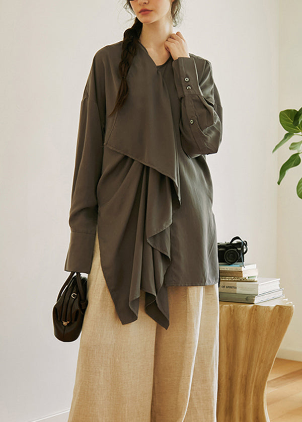 Stylish White Ruffled Asymmetrical Design Cotton Blouses Fall