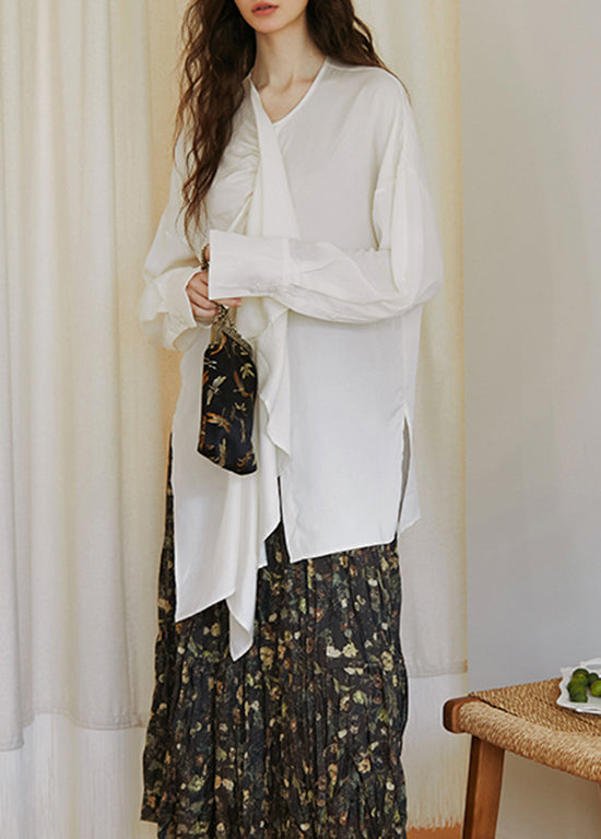 Stylish White Ruffled Asymmetrical Design Cotton Blouses Fall