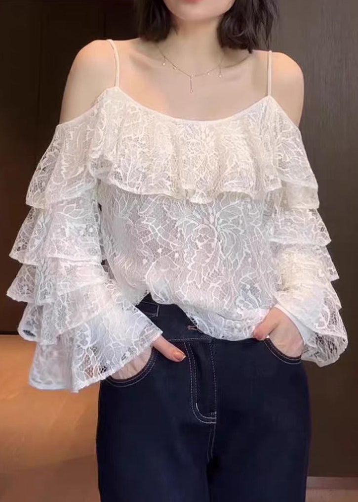 Stylish White Ruffled Lace Spaghetti Strap Top Summer