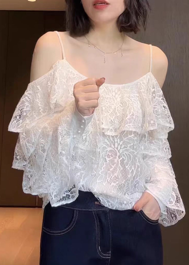 Stylish White Ruffled Lace Spaghetti Strap Top Summer