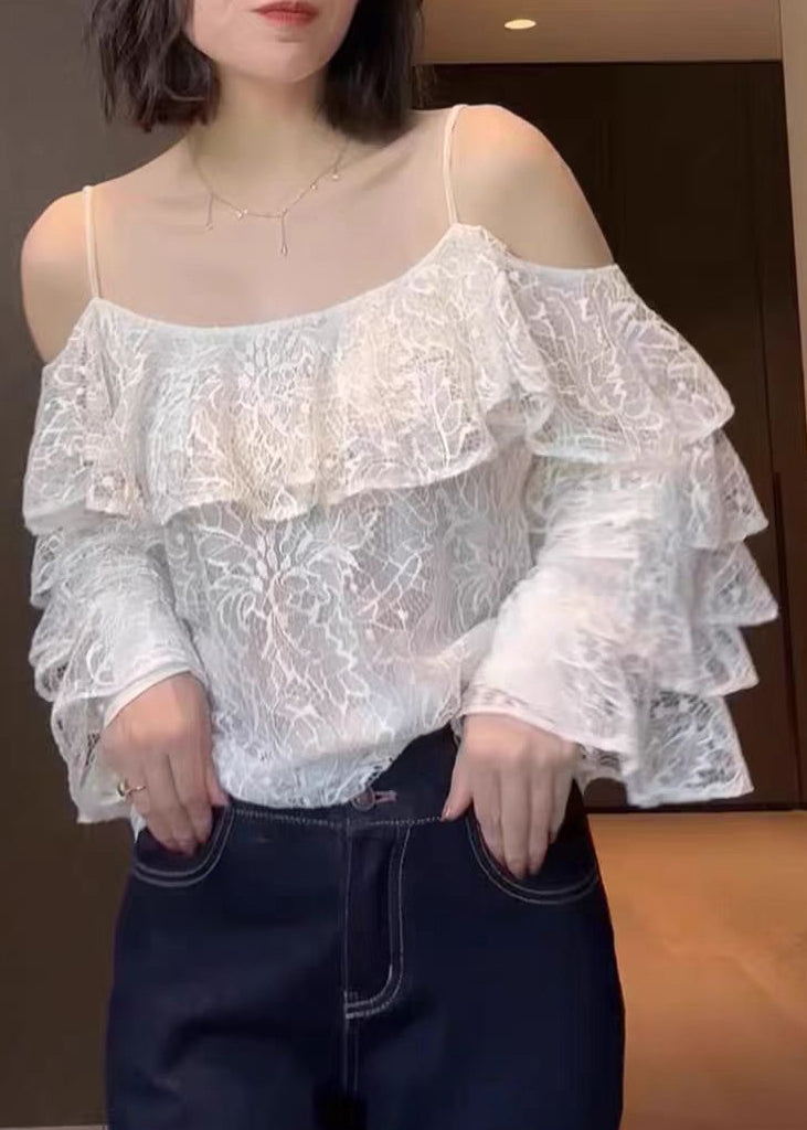 Stylish White Ruffled Lace Spaghetti Strap Top Summer