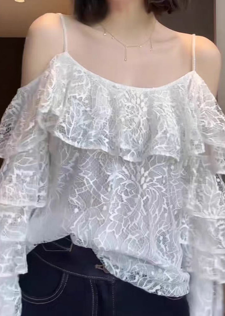 Stylish White Ruffled Lace Spaghetti Strap Top Summer