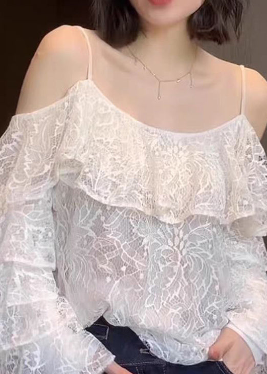 Stylish White Ruffled Lace Spaghetti Strap Top Summer