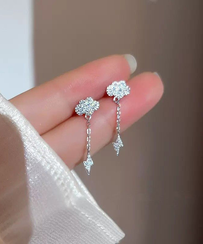 Stylish White Sterling Silver Zircon Clouds Tassel Drop Earrings
