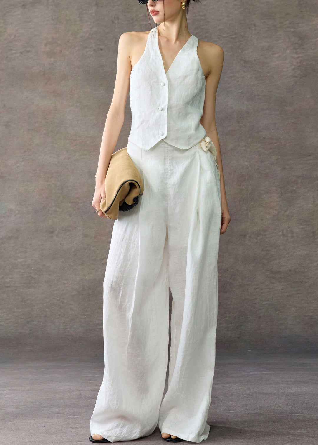 Stylish White V Neck Waistcoat And Wide Leg Pants Linen Two Piece Set Sleeveless