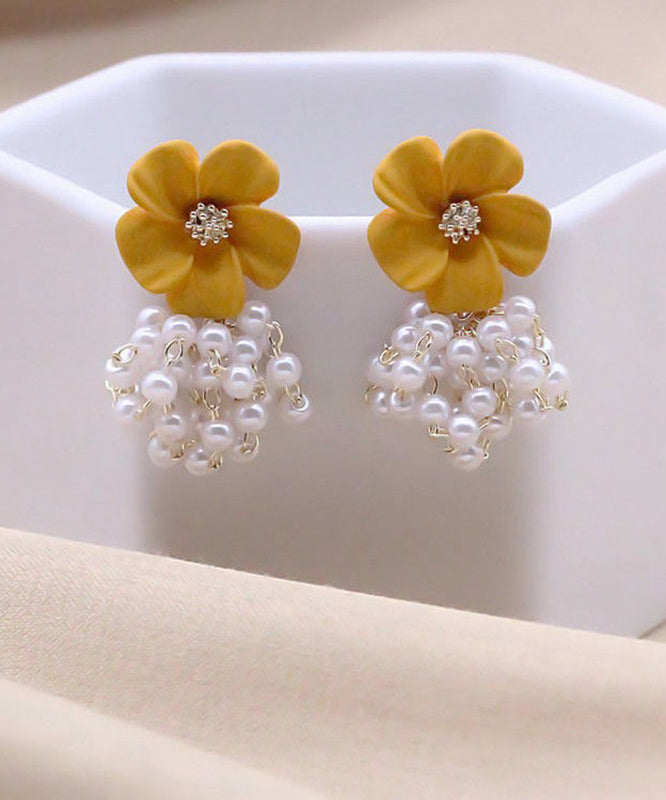 Stylish Yellow Alloy Pearl Floral Tassel Drop Earrings