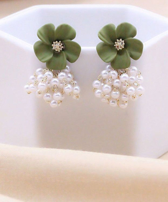 Stylish Yellow Alloy Pearl Floral Tassel Drop Earrings