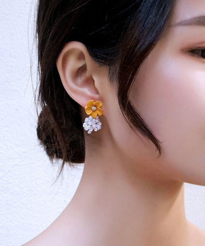 Stylish Yellow Alloy Pearl Floral Tassel Drop Earrings