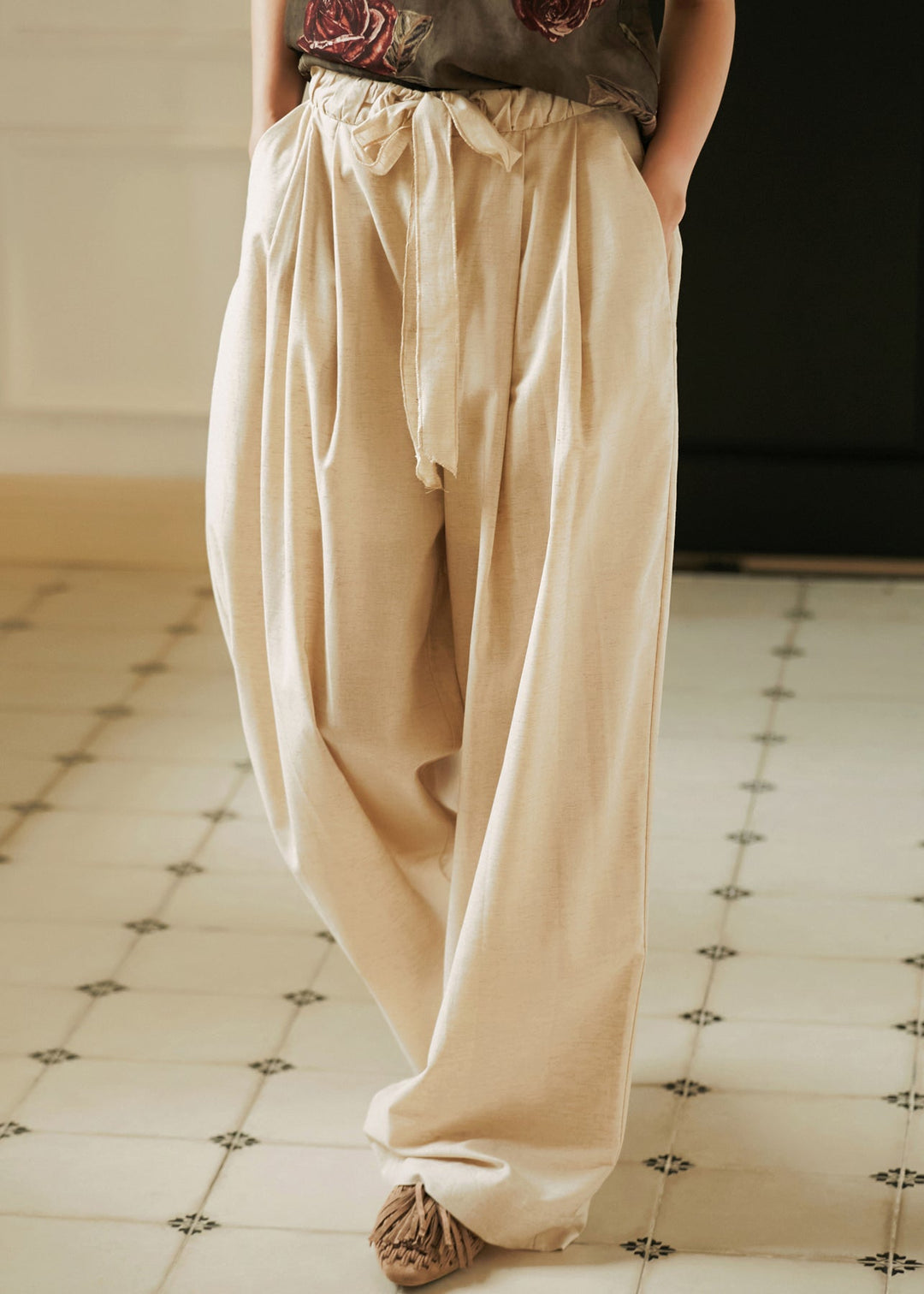 Summer Linen Color Lace Up Top And Wide Leg Pants Two Pieces Set