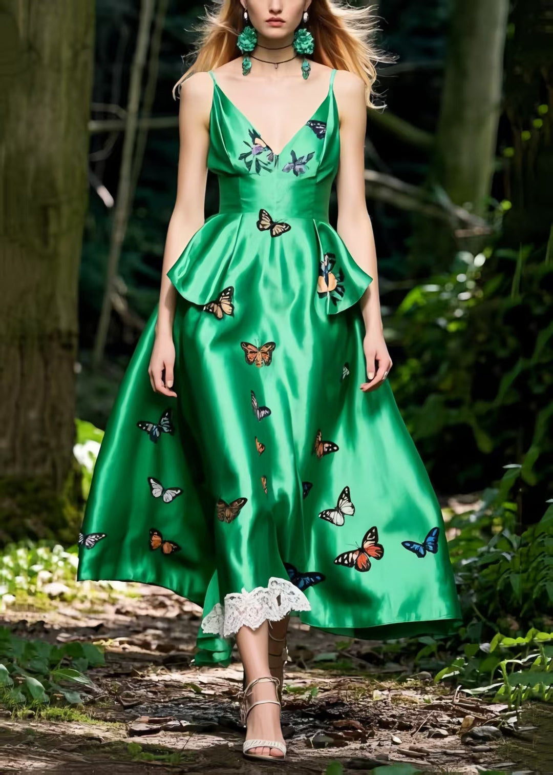 Tea Green Butterfly Silk Cami Dress Exra Large Hem Summer