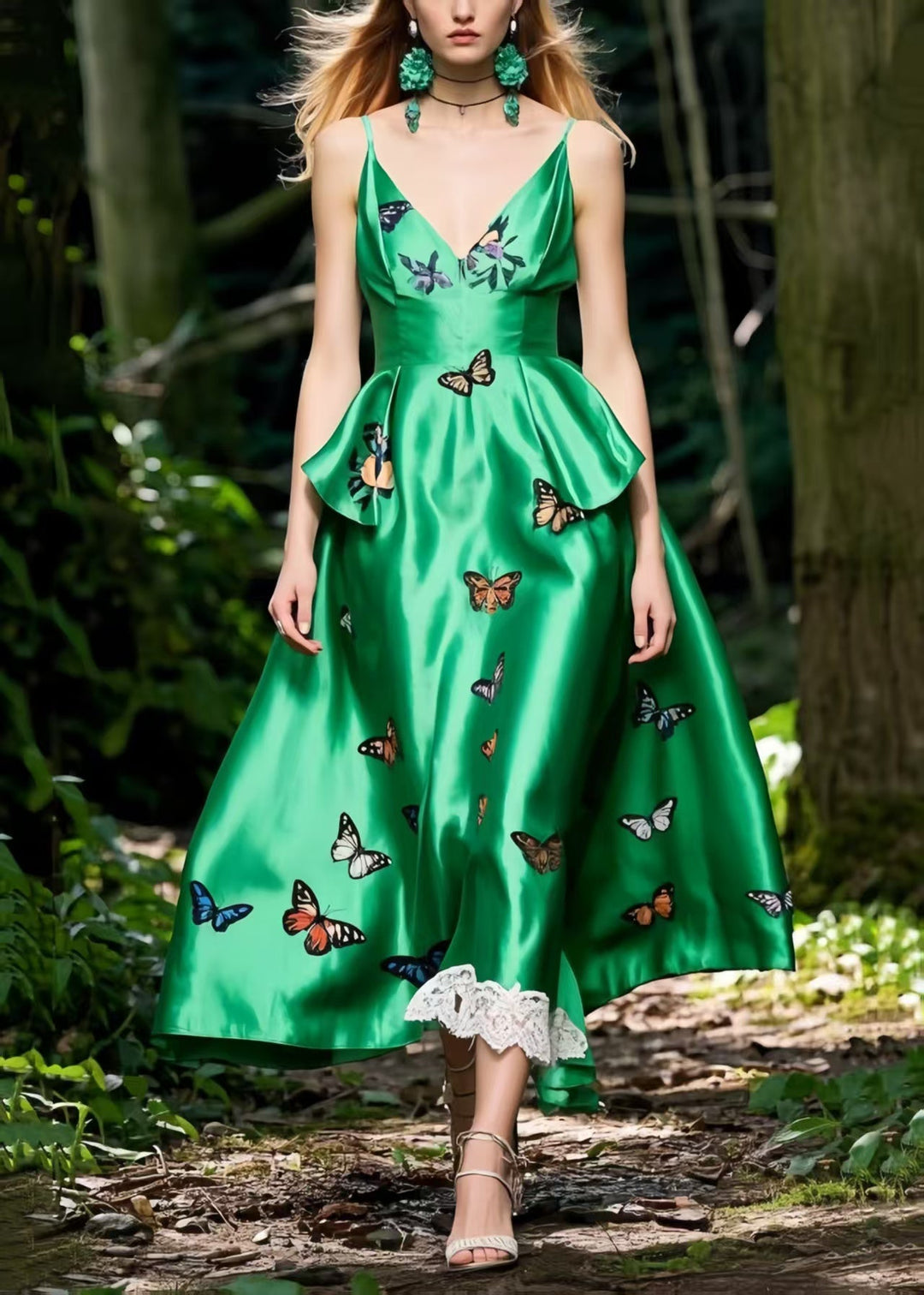 Tea Green Butterfly Silk Cami Dress Exra Large Hem Summer