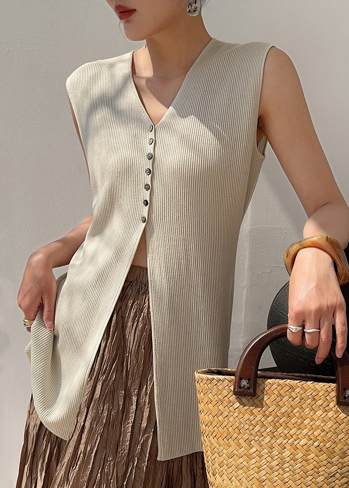 Unique Apricot V Neck Button Silk Tops Summer