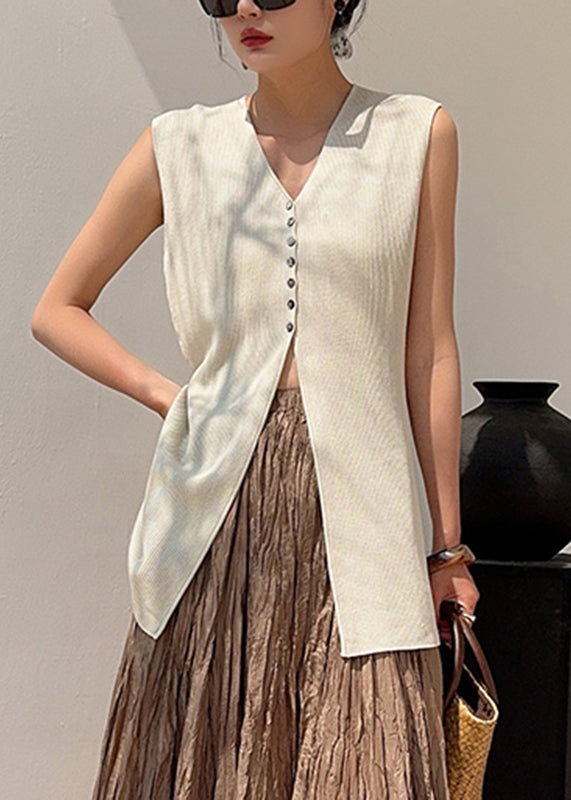 Unique Apricot V Neck Button Silk Tops Summer