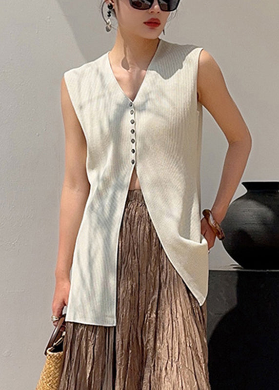 Unique Apricot V Neck Button Silk Tops Summer